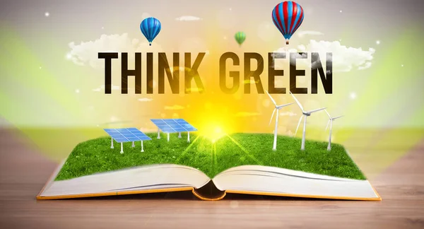 Libro Aperto Con Iscrizione Think Green Concetto Energia Rinnovabile — Foto Stock