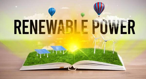 Livro Aberto Com Inscrição Poder Renovável Conceito Energia Renovável — Fotografia de Stock