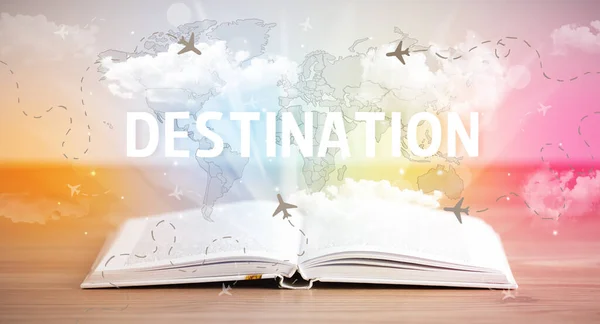 Otwarta Książka Napisem Destination Koncepcja Wakacji — Zdjęcie stockowe