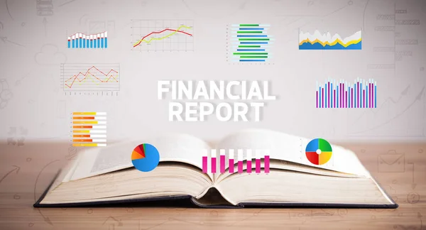 Open Boek Met Financiële Verslag Inscriptie Nieuw Business Concept — Stockfoto