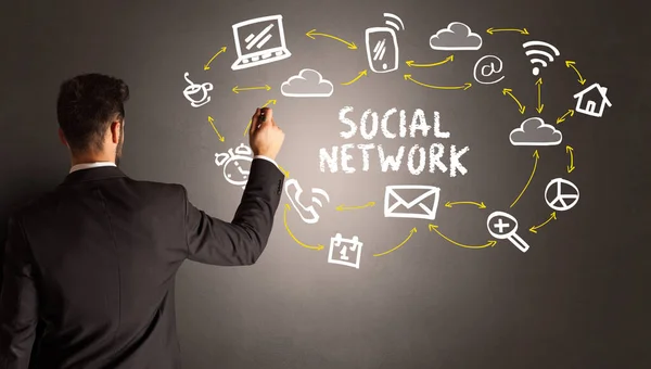 Επιχειρηματίας Που Σχεδιάζει Εικόνες Κοινωνικών Δικτύων Επιγραφή Social Network Νέα — Φωτογραφία Αρχείου