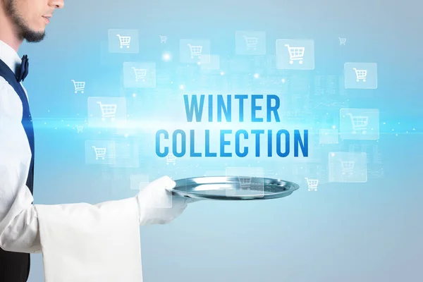 Waiter Serving Winter Collection Inscription Online Shopping Concept — Stock Photo, Image