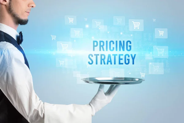 Garçom Servindo Pricing Estratégia Inscrição Conceito Compras Line — Fotografia de Stock
