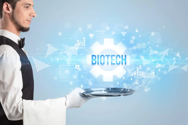 Garçom Servindo Novo Conceito Tecnologia Com Inscrição Biotech — Fotografia de Stock