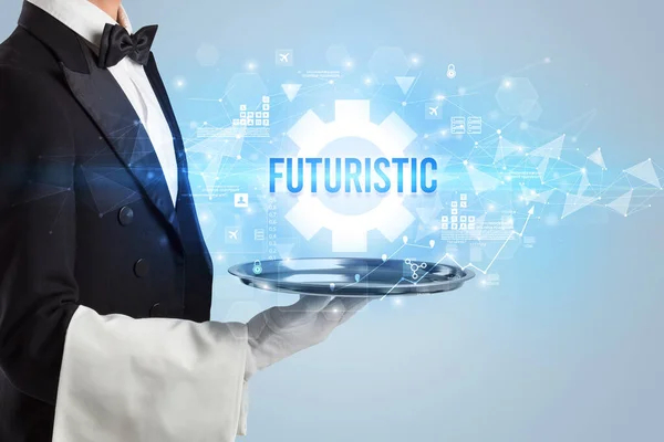Waiter Serving New Technology Concept Futuristic Inscription — Stock Photo, Image