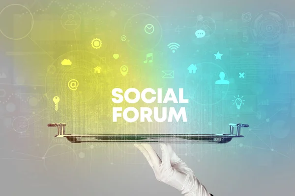 Waiter serving social networking with SOCIAL FORUM inscription, new media concept