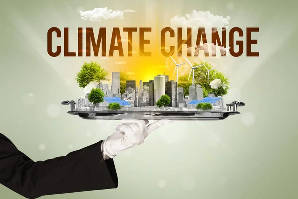 Servitör Som Serverar Eko Stad Med Klimatförändring Inskription Förnybar Energi — Stockfoto