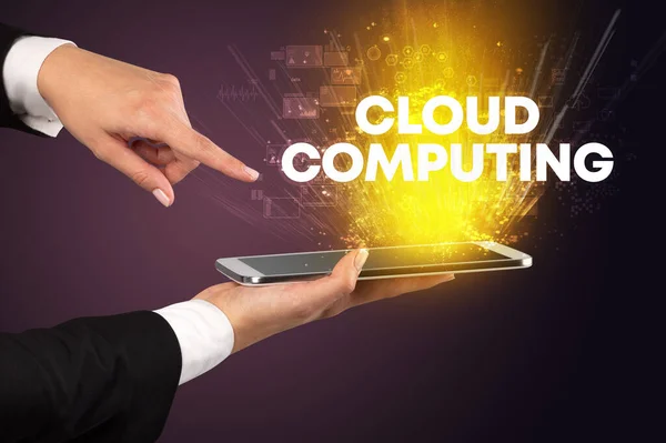Zbliżenie Ekranu Dotykowego Napisem Cloud Computing Koncepcja Innowacyjnej Technologii — Zdjęcie stockowe
