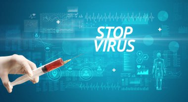 Şırınga iğnesi ile virüs aşısı ve STOP VIRUS yazıtları, panzehir konsepti