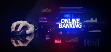 ONLINE BANING yazıtları ve siber iş konseptiyle el ele tutuşmak