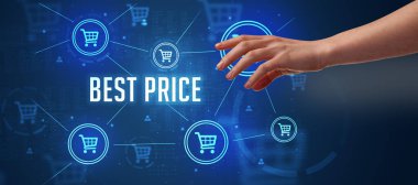 BEST PRICE yazıtlarına, çevrimiçi alışveriş konseptine yakın el işaretleri