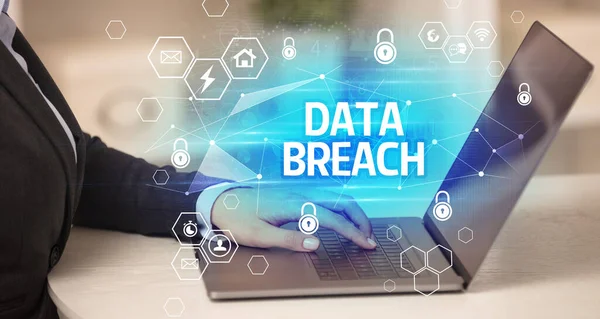 Надпись Data Breach Ноутбуке Концепции Безопасности Интернете Защиты Данных Блокчейна — стоковое фото