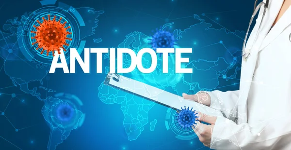 Médico Llena Historia Clínica Con Inscripción Antidote Concepto Virología —  Fotos de Stock