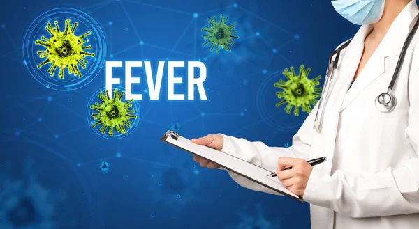 Arts Schrijft Een Recept Voor Met Fever Inscriptie Pandemisch Concept — Stockfoto