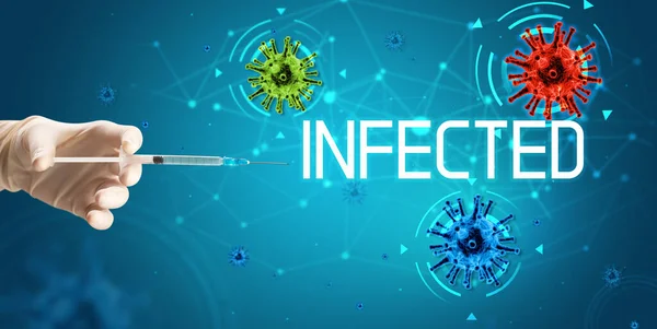 Seringue Injection Médicale Main Avec Inscription Infected Concept Vaccin Contre — Photo