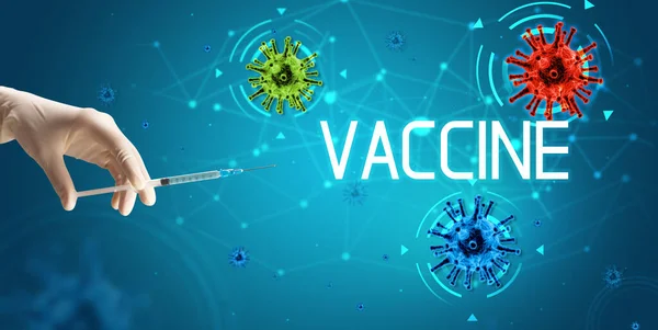 Jeringa Inyección Médica Mano Con Inscripción Vaccine Concepto Vacuna Contra — Foto de Stock