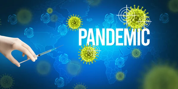 Крупный План Врачей Белой Перчатке Шприцем Надписью Pandemic Концепция Коронавируса — стоковое фото