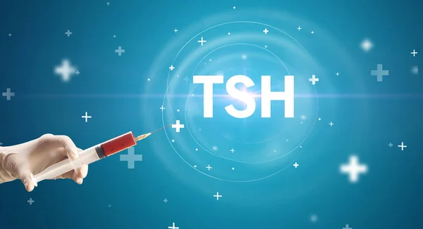 stock image Syringe needle with virus vaccine and TSH abbreviation, antidote concept