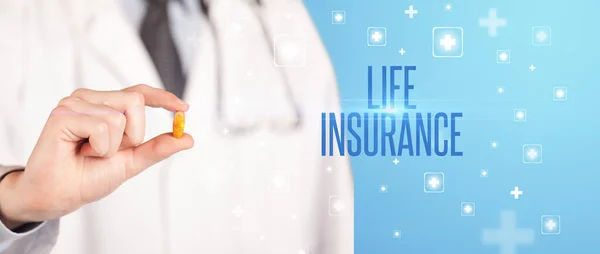 Close Doctor Giving Pill Life Insurance Inscription Medical Concept — Stock Photo, Image