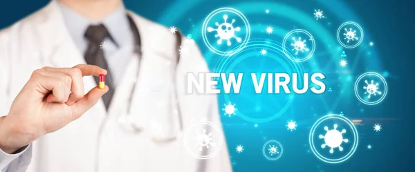 stock image Doctor giving pill with NEW VIRUS inscription, coronavirus concept