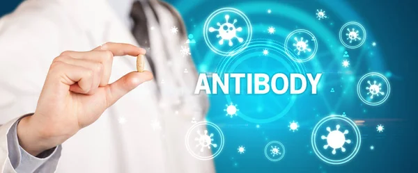Лікар Дає Таблетку Написом Antibody Концепція Коронавірусу — стокове фото