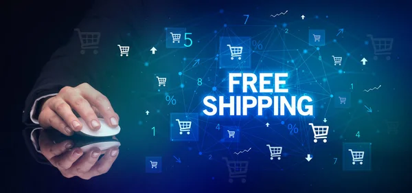 Hand Holding Wireless Peripheral Free Shipping Inscription Online Shopping Concept — Stock Photo, Image