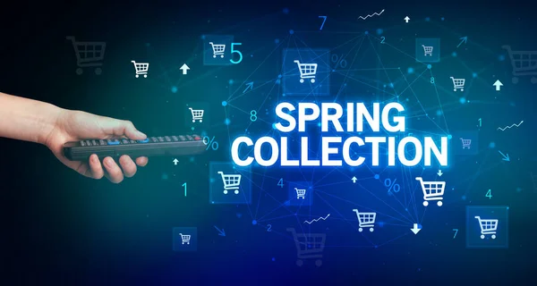 Ręczne Trzymanie Bezprzewodowego Obwodu Napisem Spring Collection Koncepcja Zakupów Online — Zdjęcie stockowe