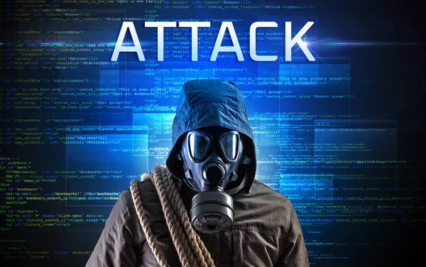Haker Bez Twarzy Napisem Attack Tle Kodu Binarnego — Zdjęcie stockowe