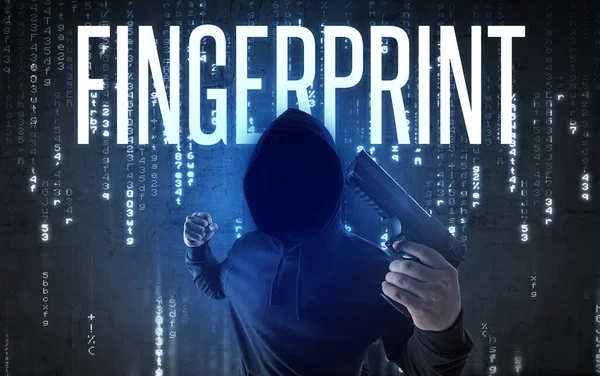 Bezobličejový Hacker Nápisem Fingerprint Hacking Koncept — Stock fotografie
