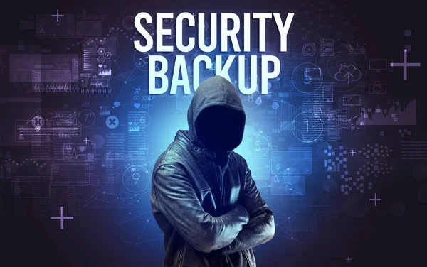 Faceless Man Security Backup Inscription Online Security Concept — Stock Photo, Image