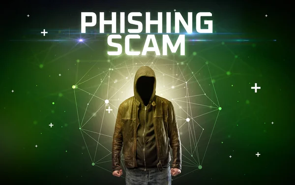 stock image Mysterious hacker with PHISHING SCAM inscription, online attack concept inscription, online security concept