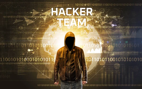 Hacker Sans Visage Travail Avec Inscription Hacker Team Concept Sécurité — Photo