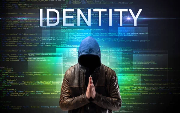 Hacker Sem Rosto Com Inscrição Identity Fundo Código Binário — Fotografia de Stock