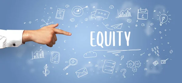 Equity Feliratra Mutató Levágott Kéz Közeli Képe Modern Üzleti Megoldás — Stock Fotó