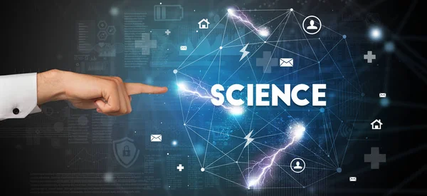 Ręczne Wskazywanie Napis Science Koncepcja Nowoczesnej Technologii — Zdjęcie stockowe