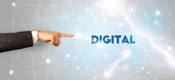 Hand Wijzend Naar Digital Inscriptie Modern Technologie Concept — Stockfoto