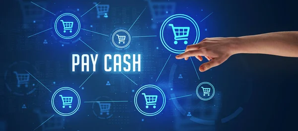 Close Van Bijgesneden Hand Wijzend Pay Cash Inscriptie Online Shopping — Stockfoto