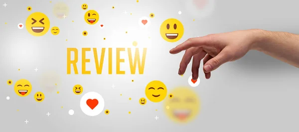 Close Cropped Hand Pointing Review Inscription Social Media Concept — Stock Photo, Image