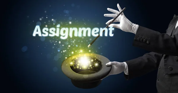 Magician Showing Magic Trick Assignment Inscription Educational Concept — Stock Photo, Image