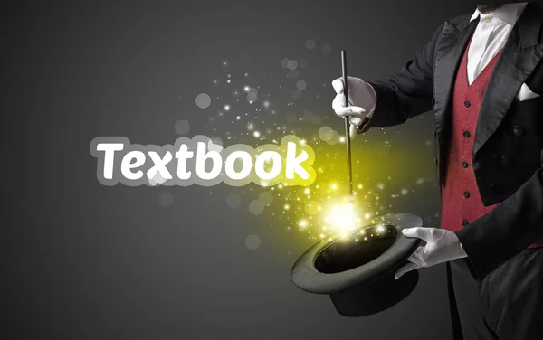 Goochelaar Toont Magische Truc Met Textbook Inscriptie Educatief Concept — Stockfoto