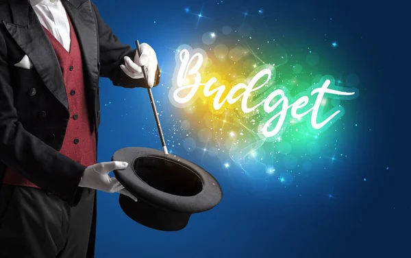 Main Magicien Conjure Avec Baguette Inscription Budget Concept Shopping — Photo