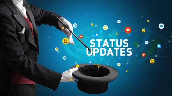 Sihirbaz Status Updates Yazıtları Sosyal Medya Pazarlama Konseptiyle Sihirbazlık Numarası — Stok fotoğraf