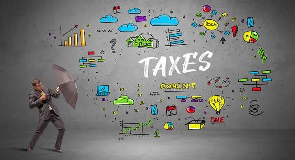 Визначений Бізнесмен Ховається Парасолькою Написом Taxes Нова Бізнес Концепція — стокове фото