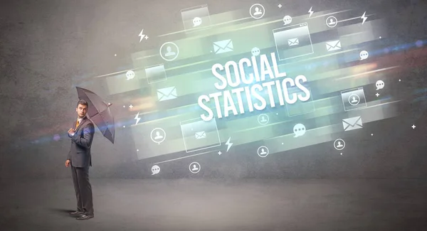 Snygg Affärsman Som Försvarar Med Paraply Från Social Statistics Inskription — Stockfoto