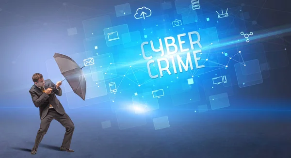 Empresário Defendendo Com Guarda Chuva Ataque Cibernético Inscrição Cyber Crime — Fotografia de Stock