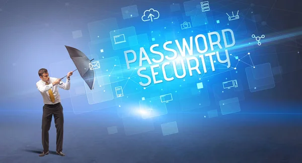 サイバー攻撃やパスワードセキュリティの碑文から傘で守るビジネスマン オンラインセキュリティの概念 — ストック写真