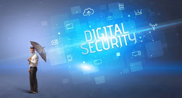 Empresário Defendendo Com Guarda Chuva Ataque Cibernético Inscrição Segurança Digital — Fotografia de Stock