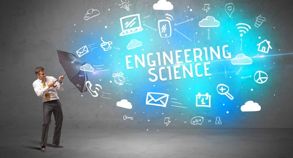 Zakenman Verdedigd Met Paraplu Van Engineering Science Inscriptie Modern Technologie — Stockfoto
