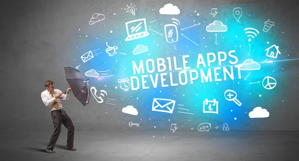 Üzletember Védi Esernyővel Mobile Apps Fejlesztési Feliratból Modern Technológiai Koncepció — Stock Fotó