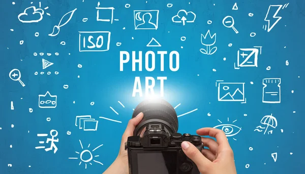 Handfotos Mit Digitalkamera Und Foto Art Beschriftung Konzept Der Kameraeinstellungen — Stockfoto